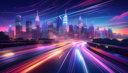 Fototapeta premium The street wonders streams of light trails, Generative AI.