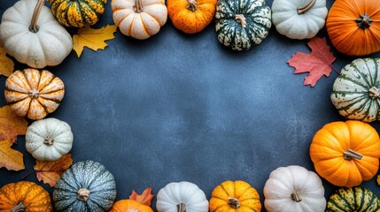 Autumn pumpkin border on dark background with colorful leaves