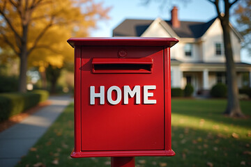 A mailbox outside a house in peaceful quiet safe suburban neighborhood welcomes home the family as they return to their residence. Red postbox with the word 'HOME' greets residents. A welcoming sign.