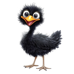 Obraz premium A cartoonish black bird with a big smile on its face. The bird is standing on a white background