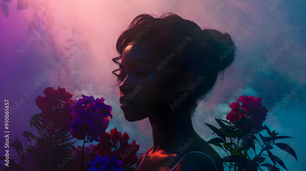 Wall mural Silhouette of a Woman with Flowers in a Dreamy Background