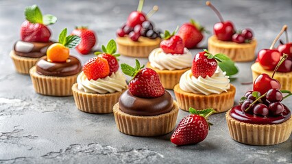 Assorted mini cakes and pastries with cherries, strawberries, and chocolate on a neutral background, mini cakes