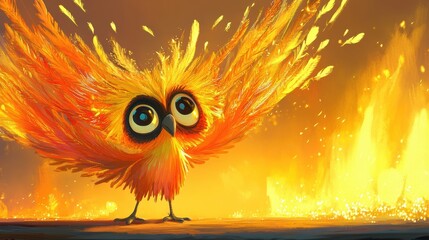 Fototapeta premium Majestic flaming owl with fiery wings on sunset backdrop