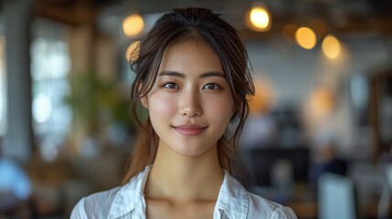 Obraz premium Young Woman Smiling Gently While Standing Indoors in a Brightly Lit Cafe