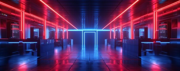 Futuristic Neon Lit Cyberpunk Interior with Symmetrical Design and Glowing Lights