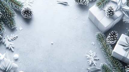 Wrapped gifts lie among pine branches and ornaments, creating a festive atmosphere perfect for celebrating the holiday season