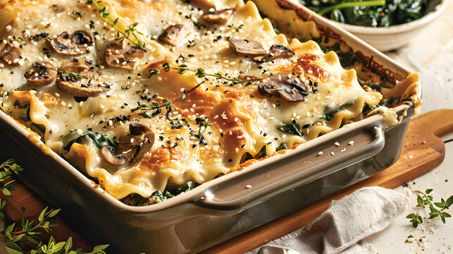 Close-up of a golden baked mushroom lasagna in a rustic rectangular dish. The dish is garnished with fresh herbs and served on a wooden board with a bowl of spinach in the background.