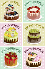 Collection of cakes in illustration.A set of beautiful cakes decorated with fruits and berries on colored backgrounds.