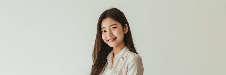 Fototapeta premium Asian adolescent, dressed in crisp pastel suit and white shirt, laughs joyfully while holding a gold trophy, signifying her hard work and academic achievement on white background.