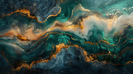 Green and gold marble liquid art waves texture background