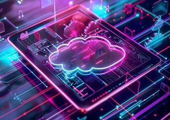 Futuristic Cloud Computing Concept with Neon Lights and Digital Interface on Tablet