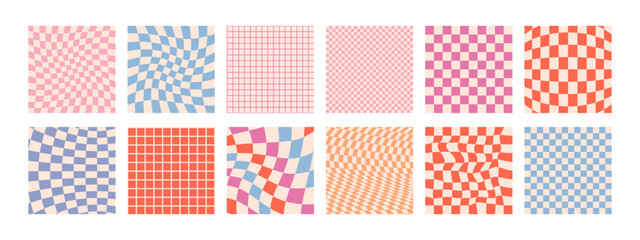 Groovy Retro Checkerboard Seamless Patterns Set. Psychedelic Abstract Grid Background in 1970s Style. Y2K Wavy Texture in Pink, Red, Blue Colors for Print on Textile, Web Design