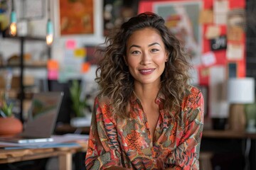 A smiling woman with wavy hair sits confidently in a colorful and vibrant workspace, surrounded by artistic supplies, representing creativity and modern professional life.