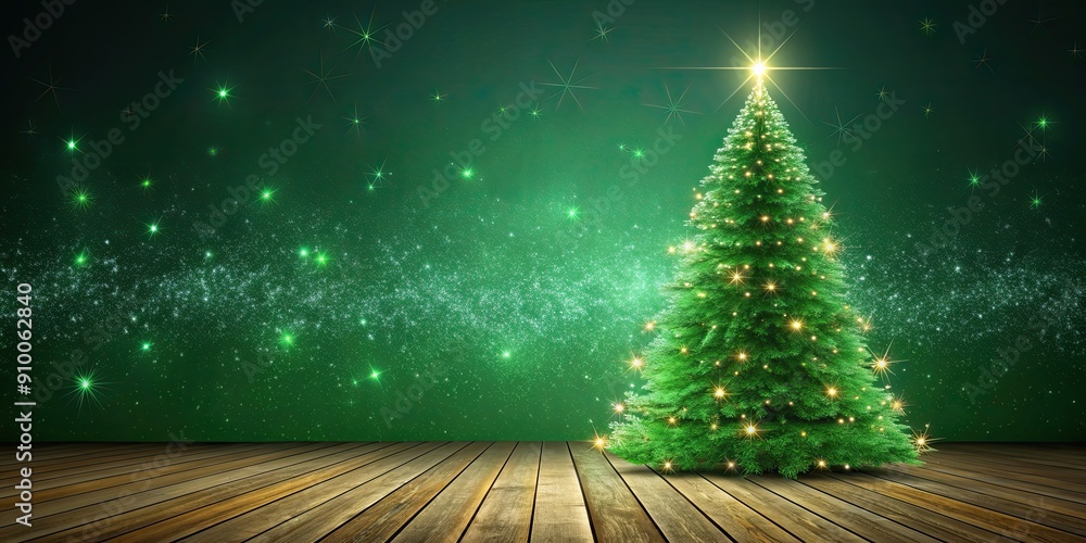 Sticker Green Christmas tree on dark green background with sparkles on wooden floor, Christmas, tree, green, decorations