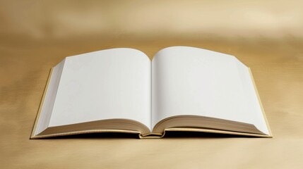 A pristine white hardcover book lies open on a golden surface, its blank pages inviting endless possibilities for creativity and expression. Ideal for designers and writers.