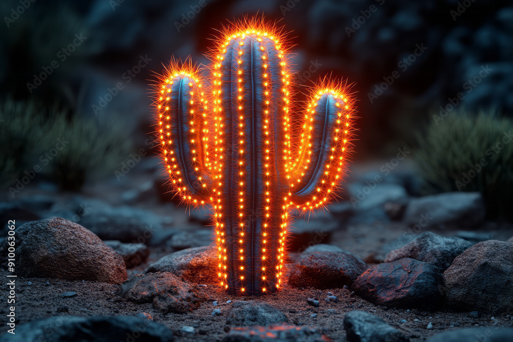 Poster artistic rendering of a tall cactus with neon orange lights, creating a striking contrast with the b
