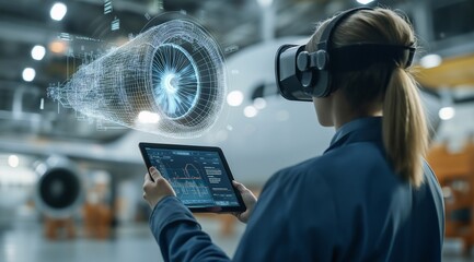 Aviation Engineer Using VR for Aircraft Engine Design in an Industrial Setting
