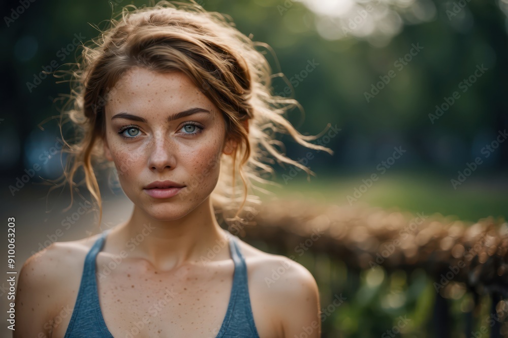 Wall mural closeup portrait of young woman outdoors
