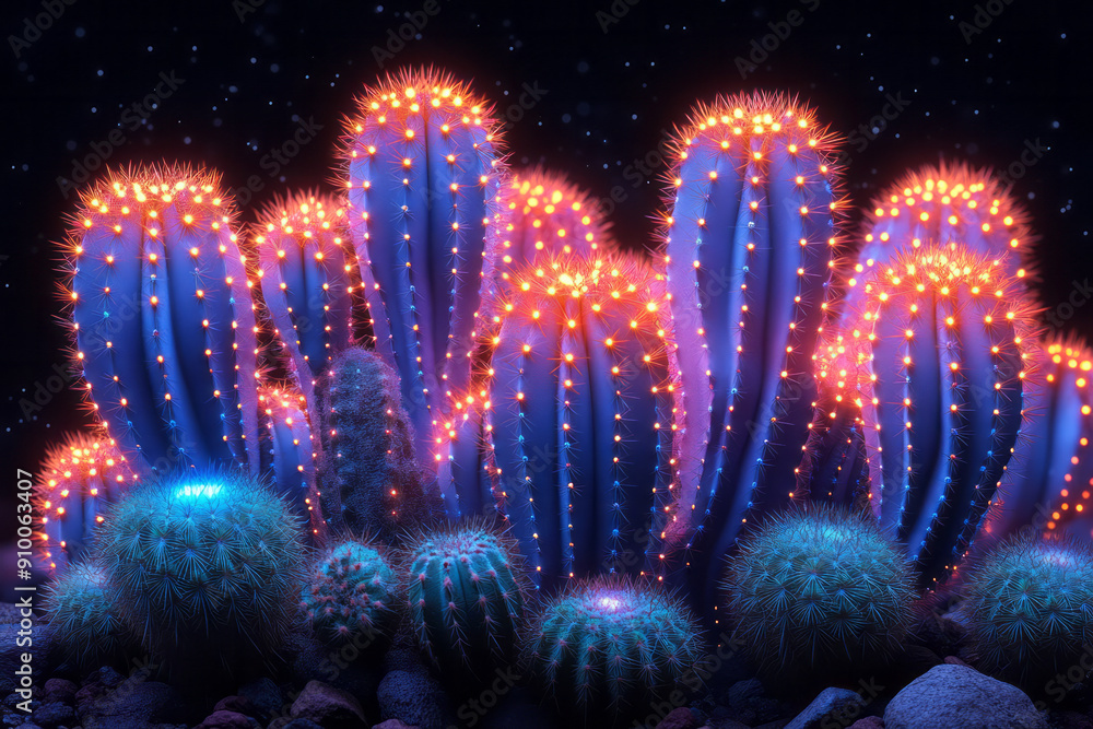 Poster abstract art of multiple neon cacti arranged in a pattern, their lights forming a vibrant design on 