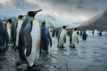 Obraz premium a group of emperor penguin chicks huddled together on an icy plain. Their soft feathers and innocent expressions capture the beauty of Antarctic wildlife.