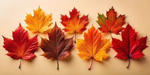 Fototapeta premium A minimal concept for the fall season. A set of fallen yellow and orange leaves isolated on a beige background. Flat layer, top view. Bright cool leaves