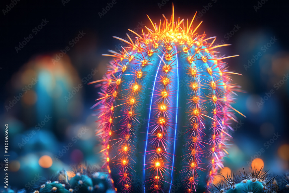 Poster creative depiction of a neon cactus with pulsating lights, creating a dynamic effect against the bla
