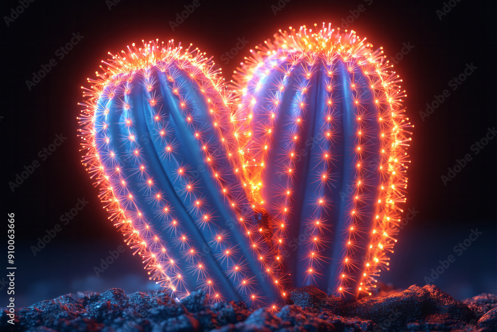 Poster creative depiction of a neon cactus with pulsating lights, creating a dynamic effect against the bla