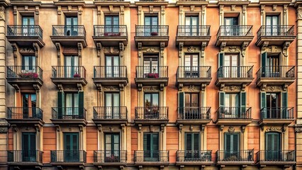 Facade of Barcelona building with muted colors, Barcelona, building, facade, architecture, Europe, Spanish, cityscape, urban, vintage