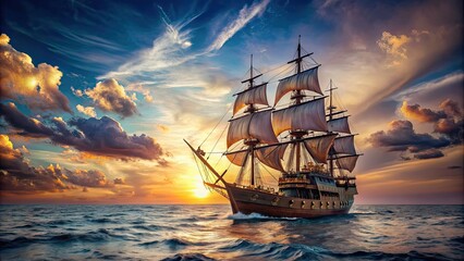 Obraz premium Adventurous pirate ship sailing on the open sea, pirate, ship, vessel, ocean, adventure, wooden, deck, mast