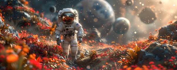 Astronaut Exploring Alien Planet with Colorful Flora and Floating Planets in the Background