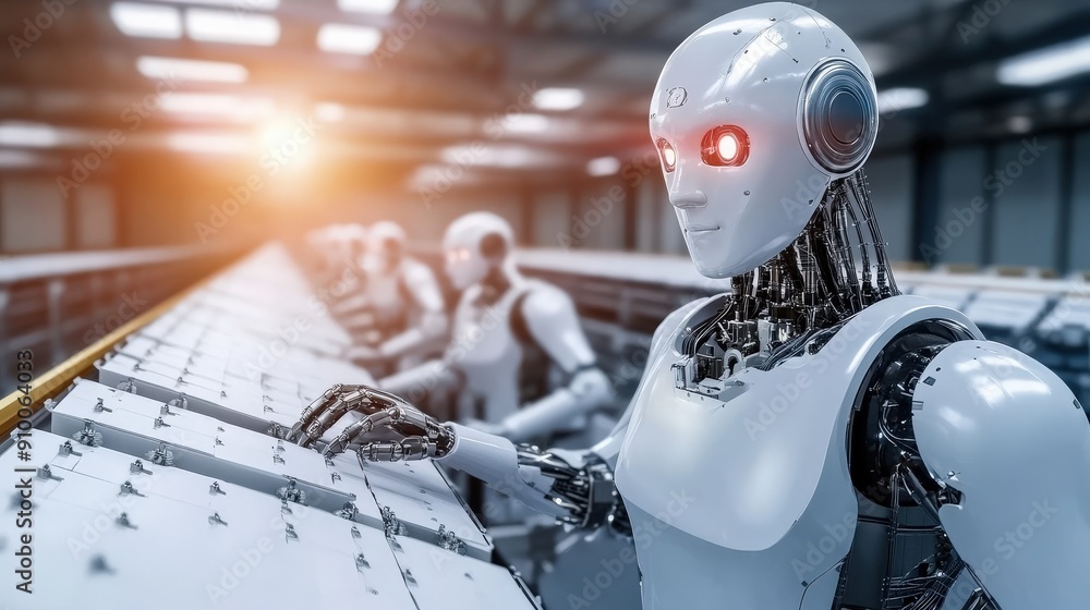 Poster a robot is standing in a factory with other robots