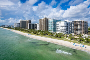 Miami Beach, Florida, USA - Oceanfront condominium towers stretching from Bal Harbour to Surfside...