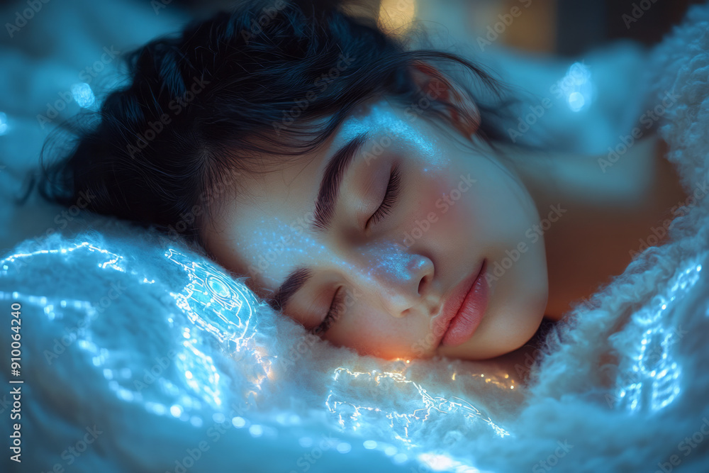 Poster realistic image of a person peacefully sleeping under a high-tech cooling blanket with visible tempe