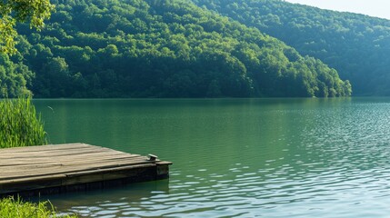 Fototapeta premium A weathered wooden dock extends over a tranquil lake, framed by green grass and distant mountains under a bright blue sky with scattered clouds