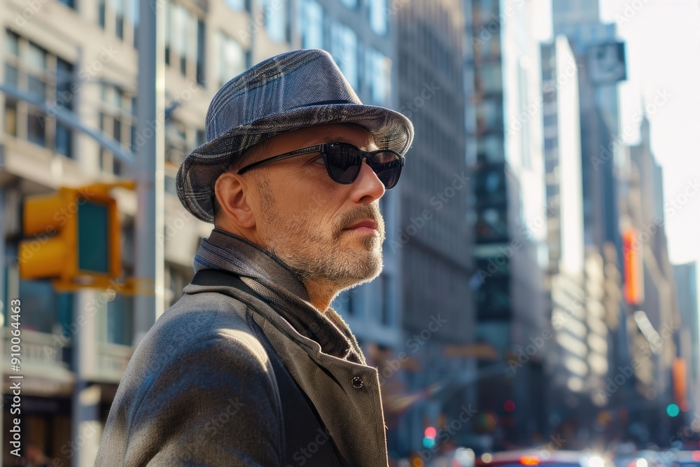 Wall mural portrait of stylish middle aged man walking, in the city with skyscrapers,