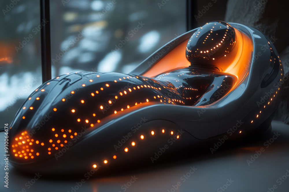 Poster futuristic design showcasing a cooling blanket with interactive touch controls, adjusting temperatur