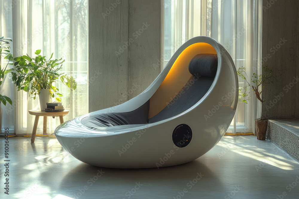 Poster futuristic design showcasing a cooling blanket with interactive touch controls, adjusting temperatur