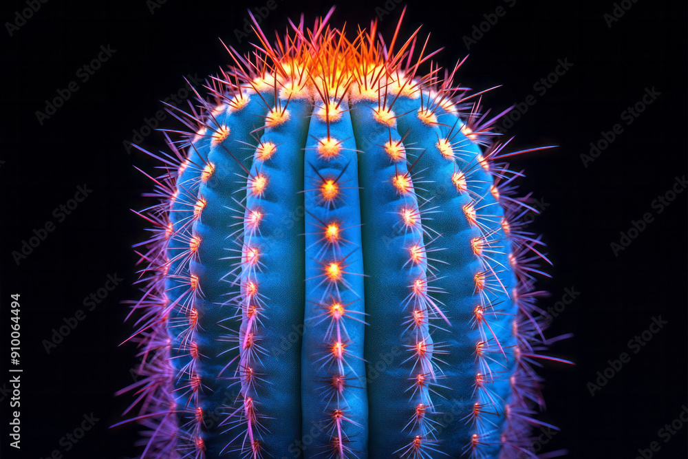 Poster abstract representation of a cactus with neon rainbow lights, creating a colorful glow on a black ba