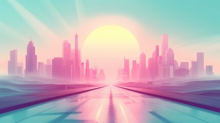Obraz premium A city skyline with a large sun in the background