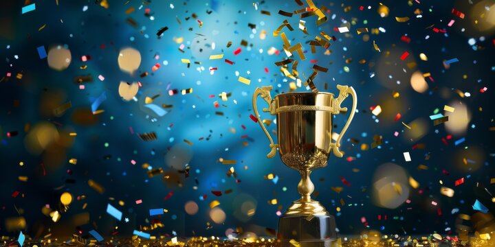 Golden trophy cup with swirling ribbons and sparkling confetti in a celebratory atmosphere, Generative AI