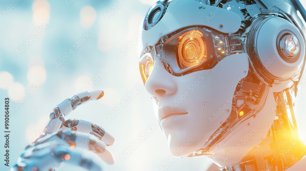 Poster a robot with a face and a pair of sunglasses. the robot is looking at the camera. the robot is made 