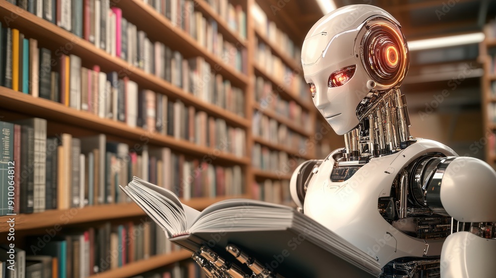 Poster a robot is sitting at a table reading a book