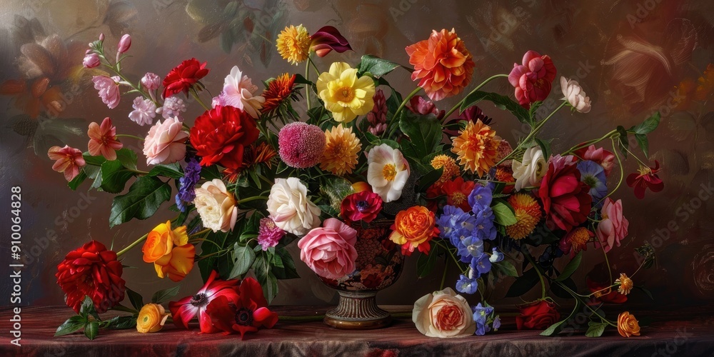 Poster an exquisite display of diverse blooms adorns a vase forming a lively explosion of colors in a gener