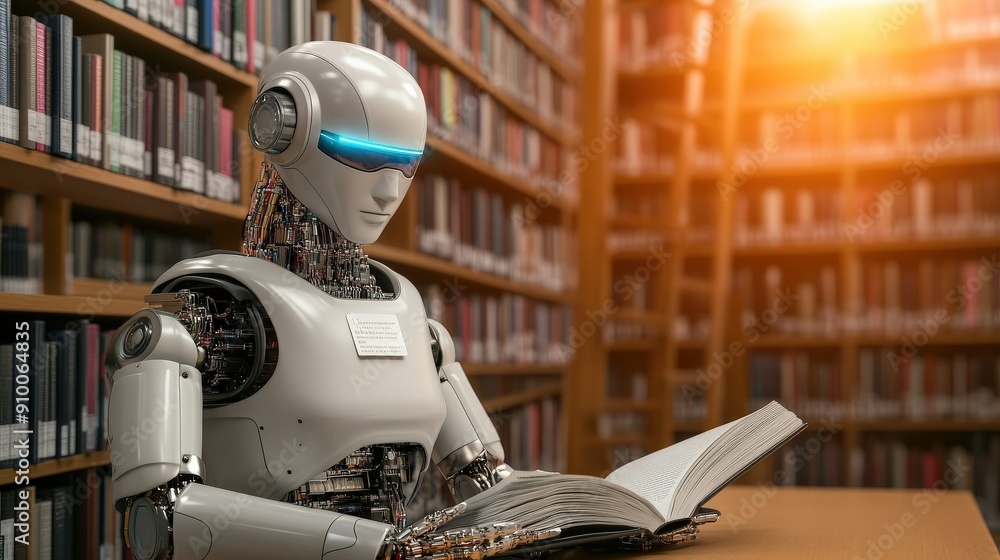 Poster a robot is sitting at a table reading a book