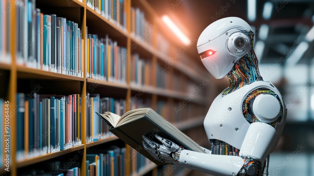 Poster a robot is sitting at a table reading a book