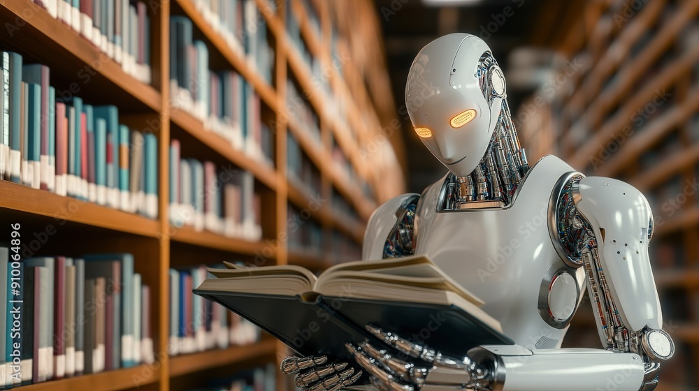 Poster a robot is sitting at a table reading a book