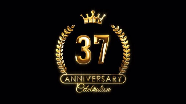 37th Anniversary Celebration. Happy 37 Years Anniversary Animation in Gold Color on the Transparent Background, Alpha Channel. Great for greetings, celebrations, events, and gifts.