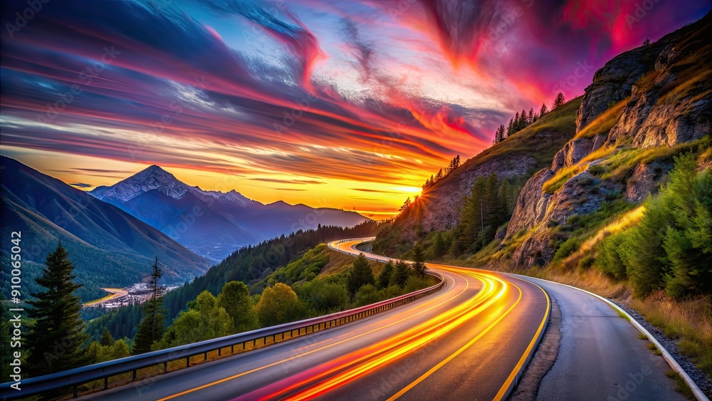 Sticker Slow shutter photo of a colorful mountain road under a dusk sky , nature, landscape, mountain, road, travel