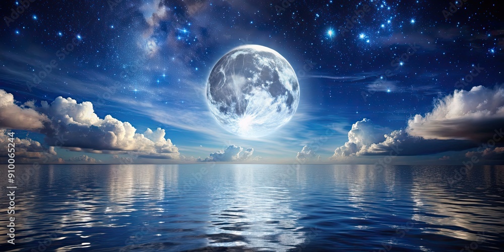 Wall mural Full moon shining over a calm body of water with reflection, starry sky and clouds above , moon, reflection, water, sky, stars