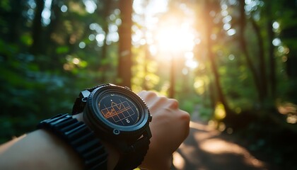 Naklejka premium Solar-Powered Smartwatch Worn During Hike Showing Energy Levels with Forest Trail Background